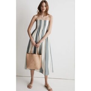 Madewell Blue Gray and White Striped Pleated Maxi Dress Size 10 NWT